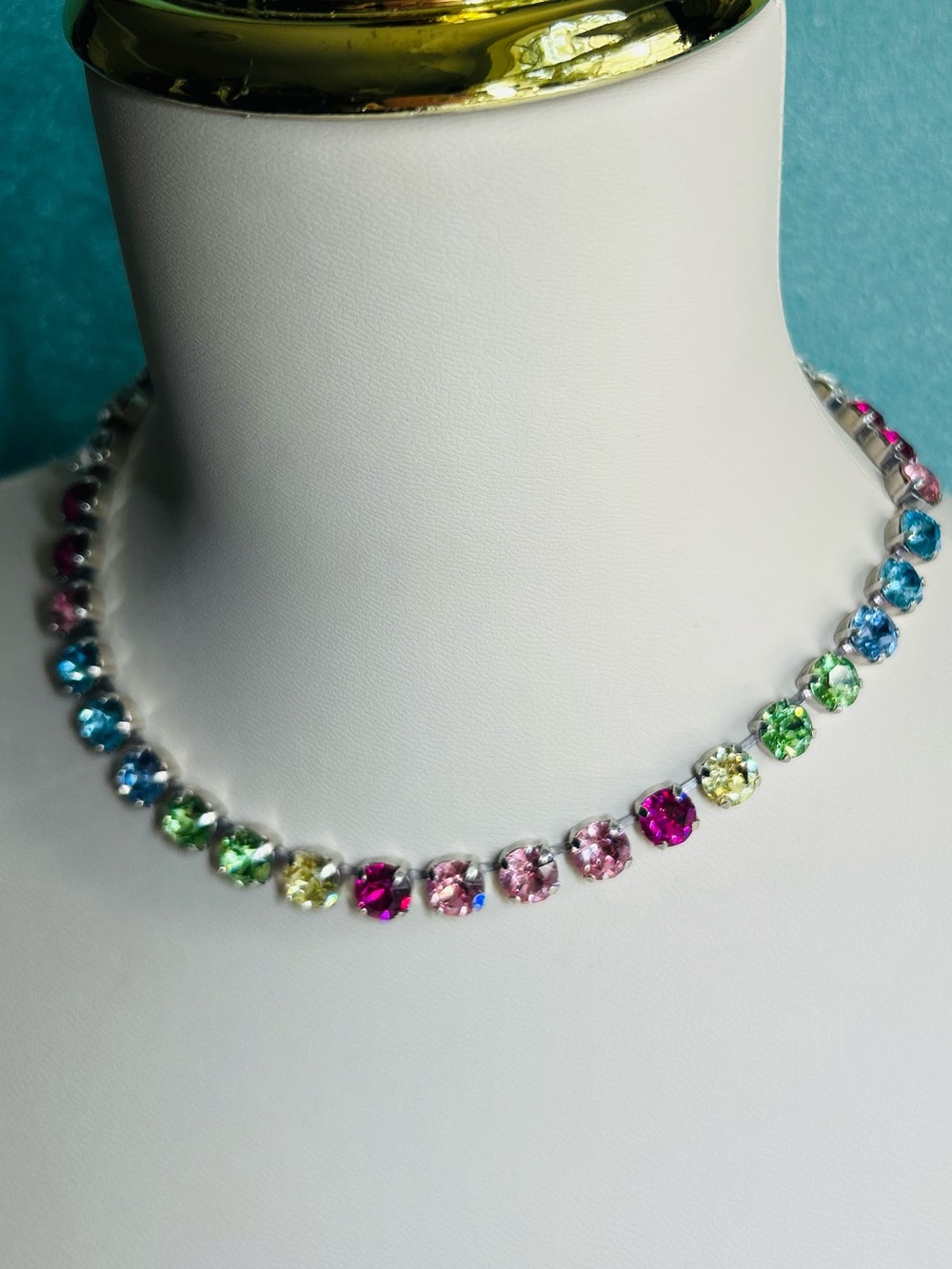 Source Unknown Rainbow Crystal Tennis Necklace in Pink, Blue, Green, Yellow